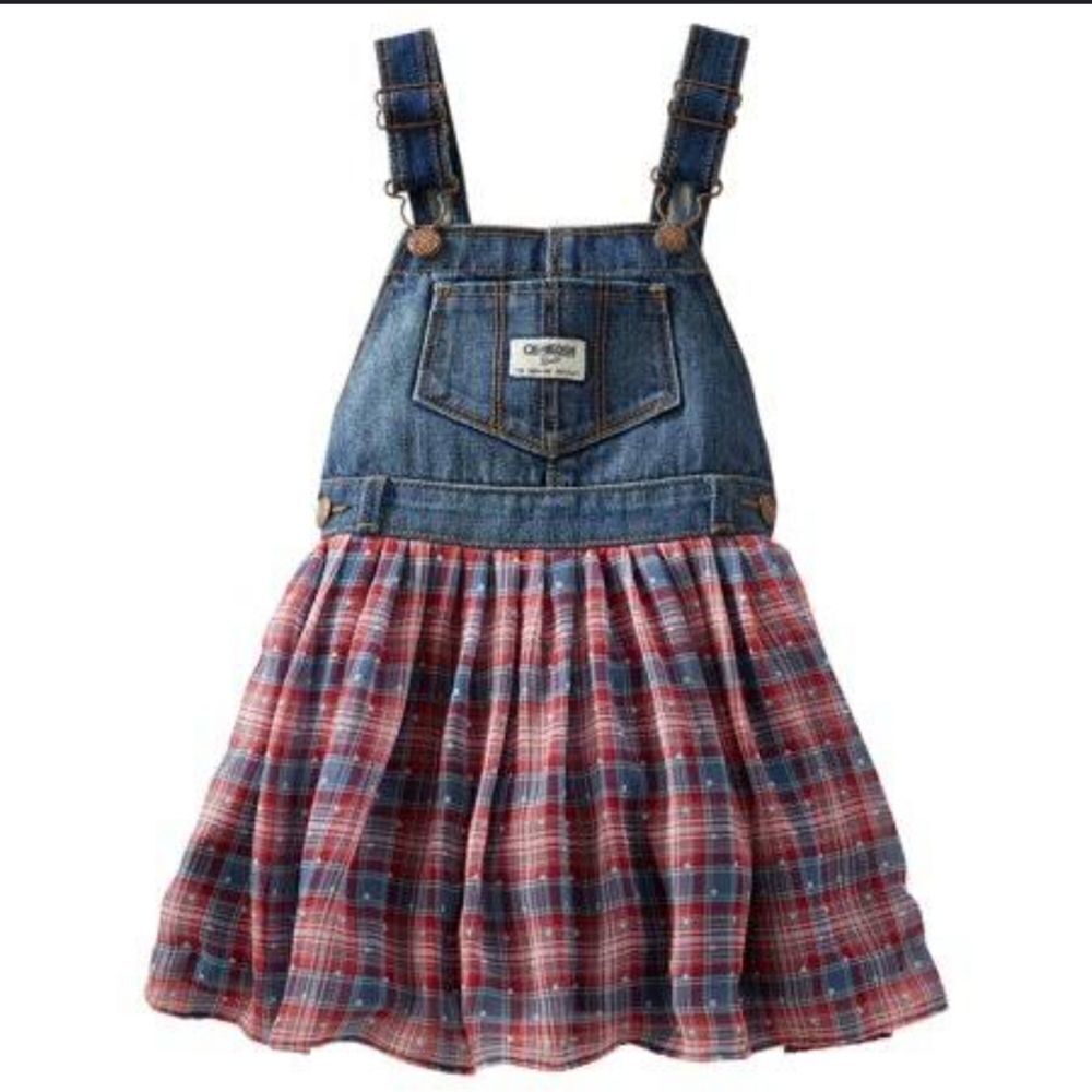 OSHKOSH B'GOSH red plaid‎ denim jumper dress vestbak 2T